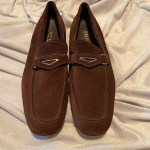 Prada men chocolate suede slip on heeled casual to dressy loafers, size 11